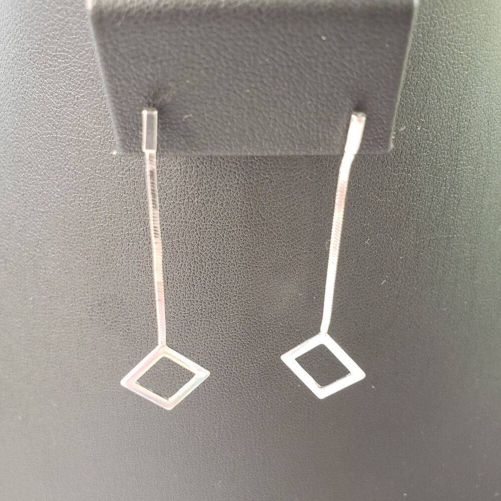 Vintage Sterling Silver Geometric Dangle Pierced Earrings 925 Square Diamond 2"